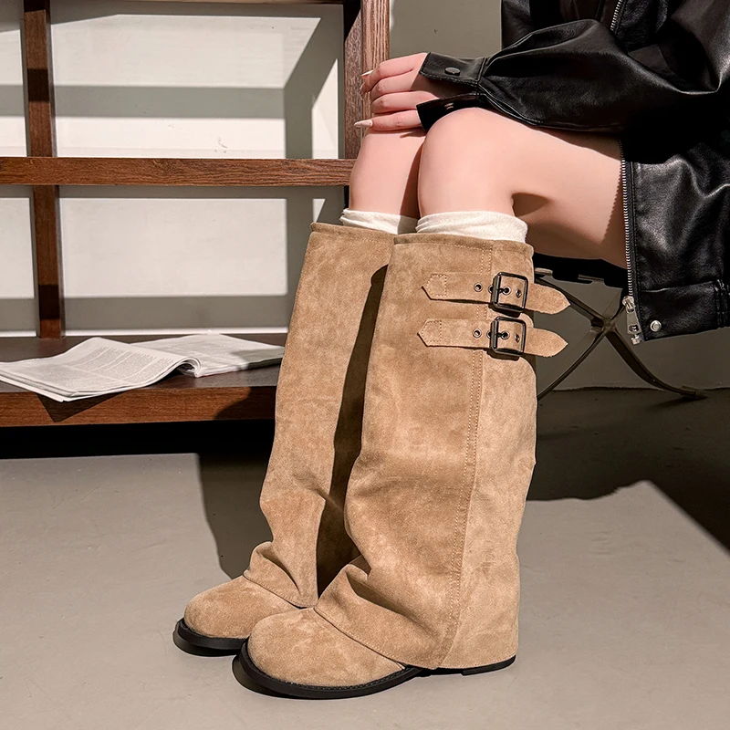 Suede Fold Women Knee High Western Cowboy Boots Fashion Double Buckle Decor Slip On Long Booties Autumn Winter Women's Shoes