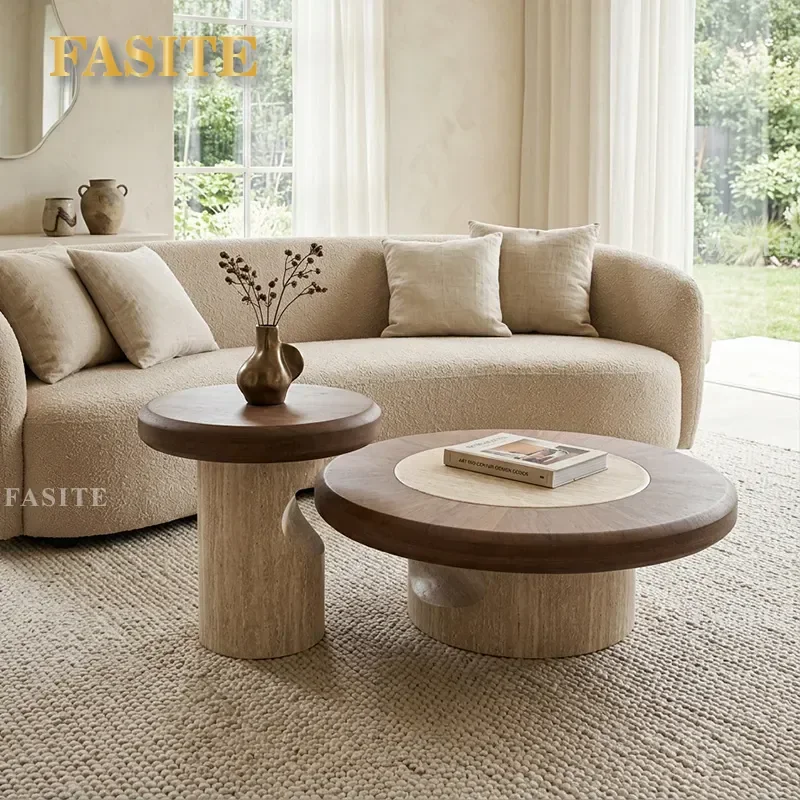 For Medieval Travertine Texture Round Coffee Table Retro High End Small Apartment Living Room Furniture Combination Tea Table
