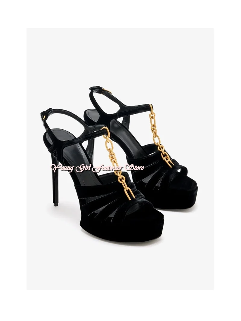 Claret Velvet Fabric Metal Chain Decorative Luxurious Sandals Water Proof Platform Stilettos Banquet Women's Shoes Bestselling