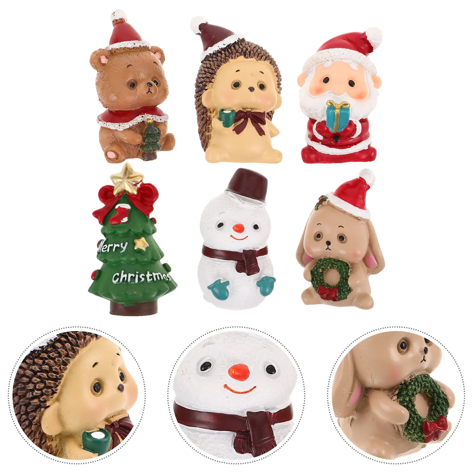 6Pcs Christmas Miniatures Resin Snowman Santa Claus Rabbit Hedgehog Bear Winter Decorations Holiday Party Favors Micro Landscape