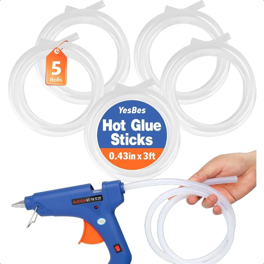 

5 Rolls Hot Glue Sticks Full Size 3 FT Long x 0.43 Diameter Glue Sticks for Glue Gun Widely Used in Wood Metal Glass Plastic an