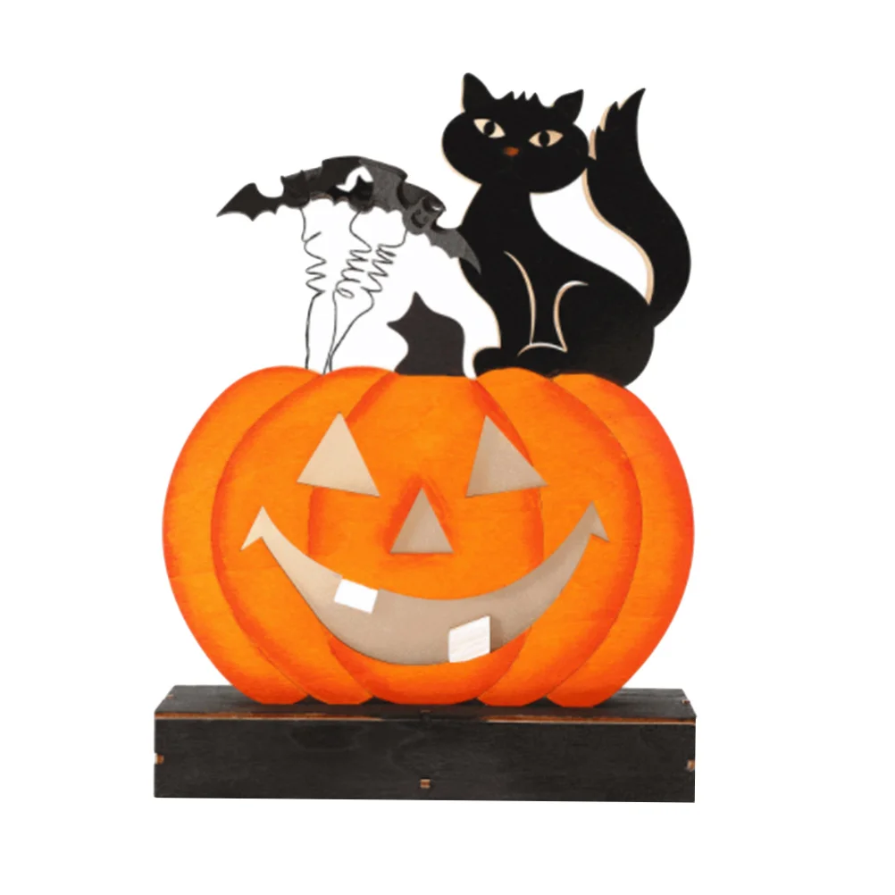 Lampada di zucca Luci di legno di Halloween Design di gatto di zucca di legno Decorazione leggera da tavolo Decorazione di luce di Halloween