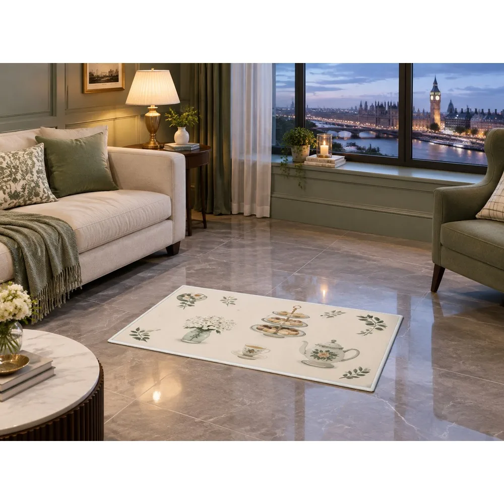 VIKAMA British Sage Cream Afternoon Tea Flannel Door Mat, Non-Slip Entryway Door Mat, UK Home Decor for Bathroom, Bedroom, Porch