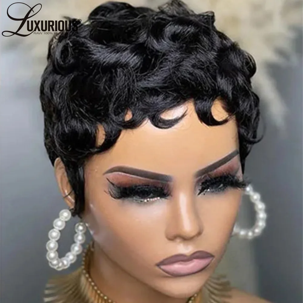 Pixie Cut Ginger Short Wigs For Black Women Burgundy Glueless Curly Wigs Brazilian Virgin Remy Human Hair Full Machine Made Wigs