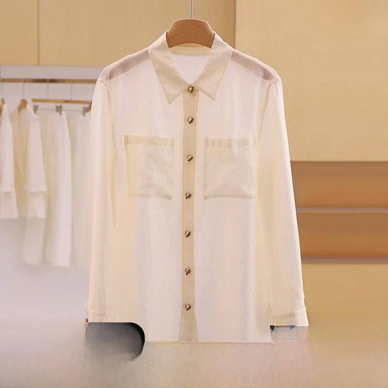 

Fashionable Pure Color Thin Micro-Transparent Single-Button Shirt Versatile Casual Style Women's Spring Clothing