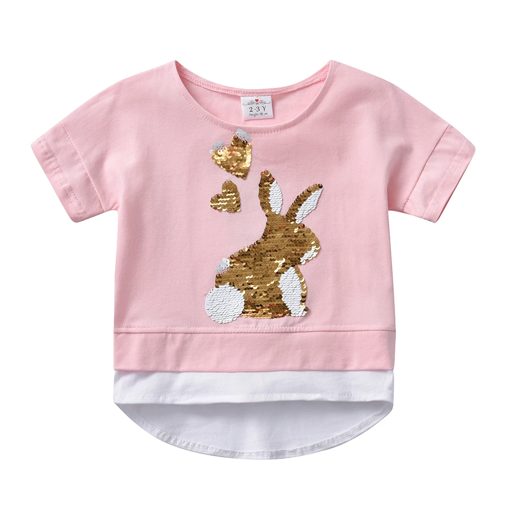 VIKITA Children Clothing Kids Casual Daily Tops and Tees Girls Rabbit Sequined Appliqued Short Sleeve Summer Cotton T Shirts