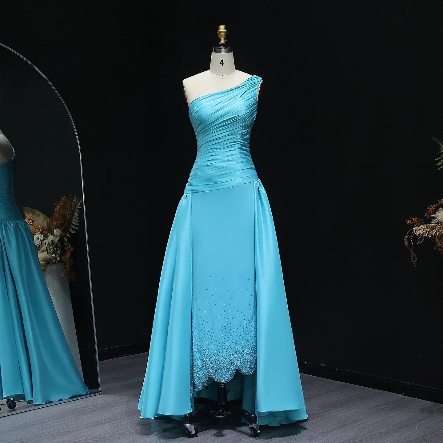 

Sharon Said Elegan One Shoulder Turquoise Blue Arabic Evening Dress with Overskirt Dubai for Wedding Party SS231 Customized
