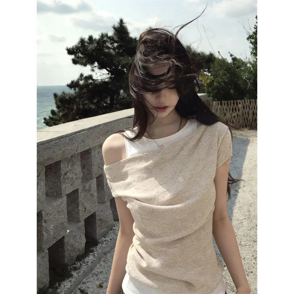 French Korean Style Off Shoulder Women's Tshirt 2026 Summer Fashion Tee Tops Female Casual Two Piece Khaki T-shirt Clothing