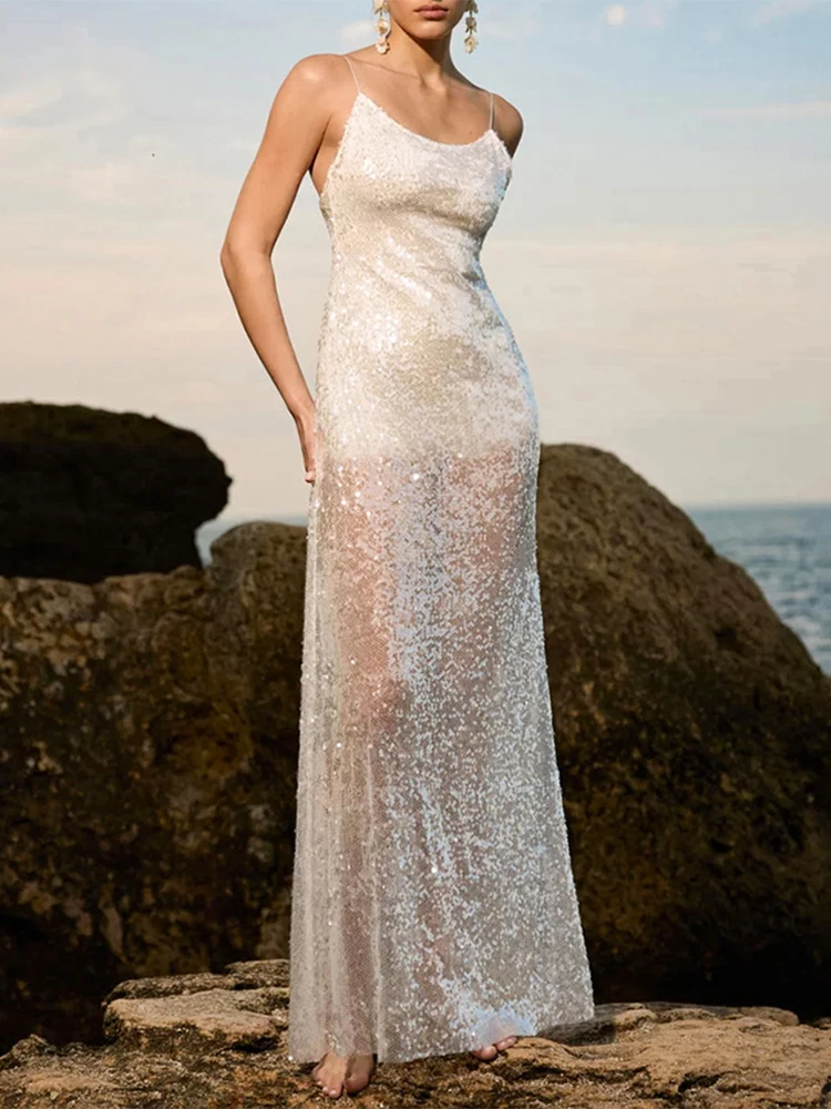 

Trendix Women See Through Sequins Sundress Summer Fashion Sleeveless Spaghetti Strap Maxi Dress Beach Party Sexy Backless Dress