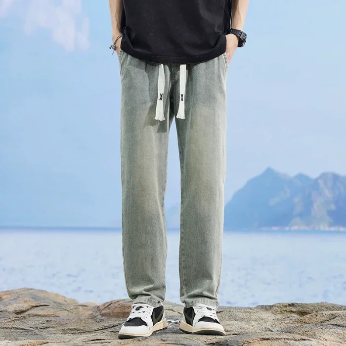 

2024 летние тонкие простые повседневные брюки в стиле хип-хоп Y2K с эластичным поясом мужские брюки-багги из потертого денима