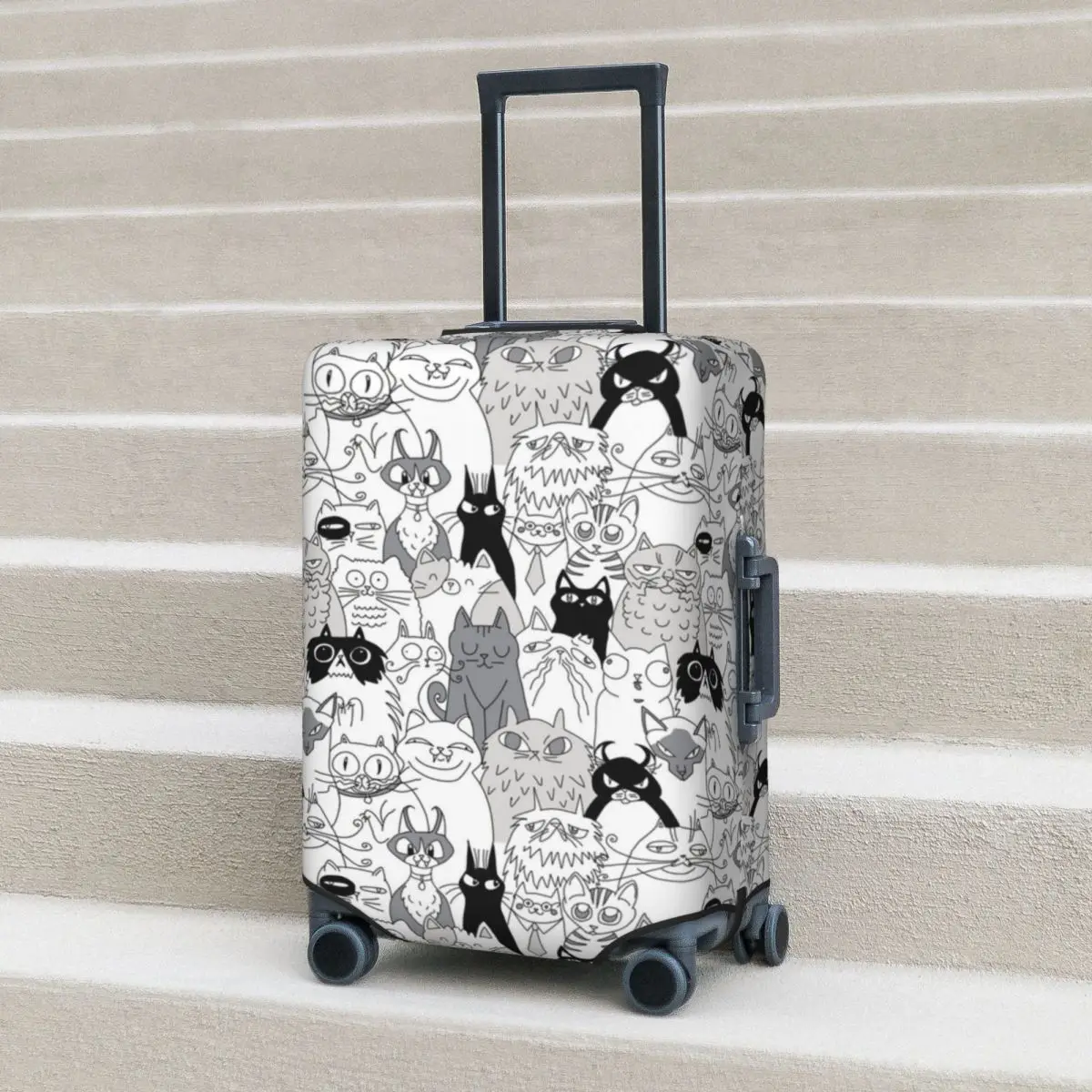 Cat Society Doodle Suitcase Cover Funny Animals Repeat Pattern Travel Vacation Elastic Luggage Accesories Protection