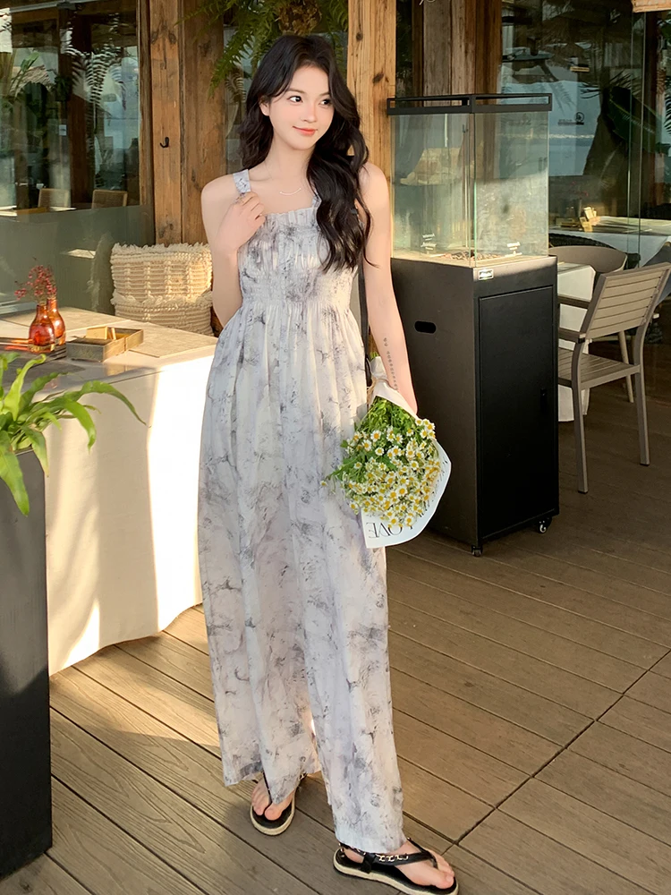 จั๊มสูทขายาวทรงขากว้างสไตล์จีนใหม่ ลายภาพวาดสีน้ำ เอวสูง ผ้าบาง สำหรับผู้หญิง ฤดูร้อน รุ่นบางพิเศษ ขายออนไลน์เท่านั้น