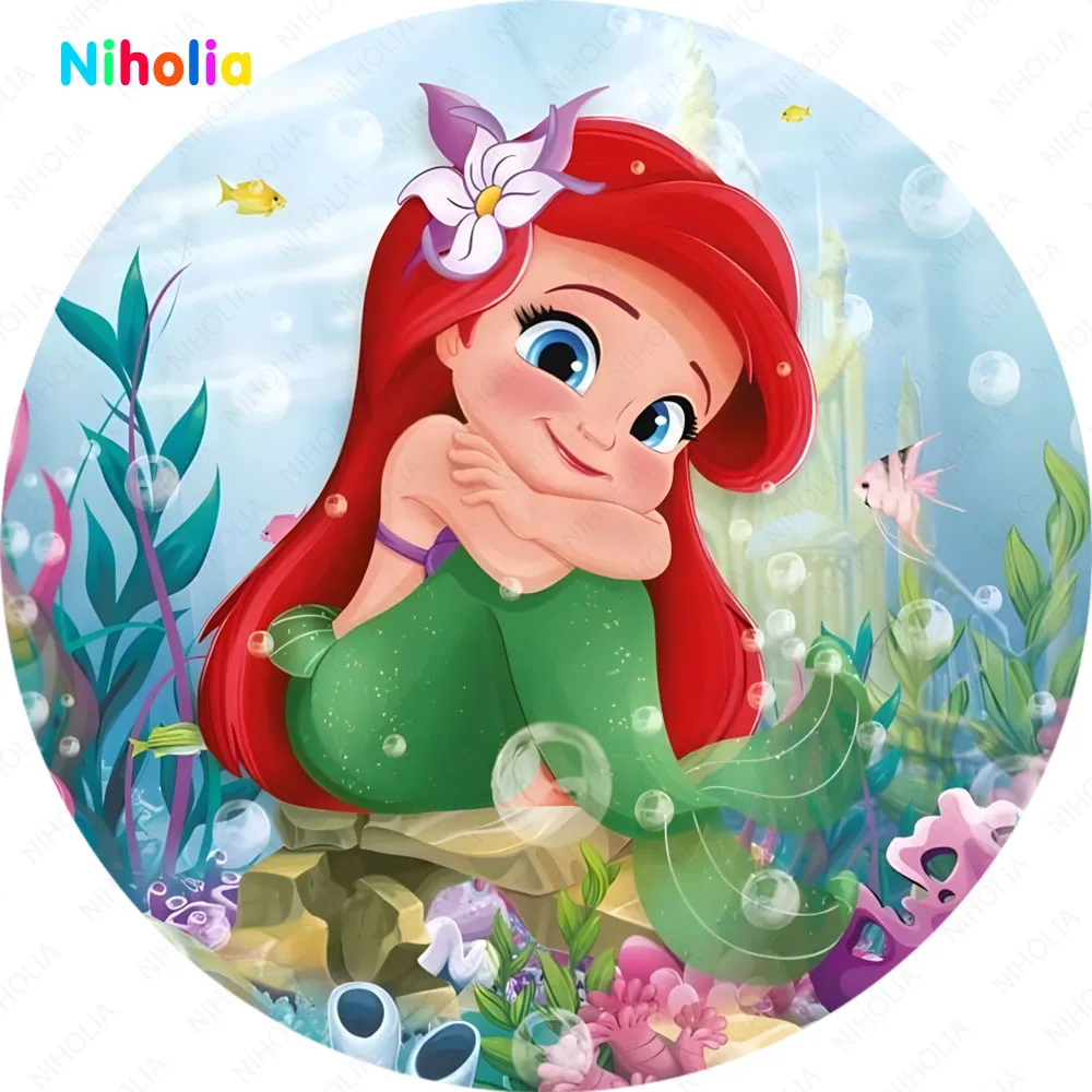 The Little Mermaid Round Backdrop Princess Cover Girl 1st Birthday Party Decoration Photo Studio Circle Background Baby Shower