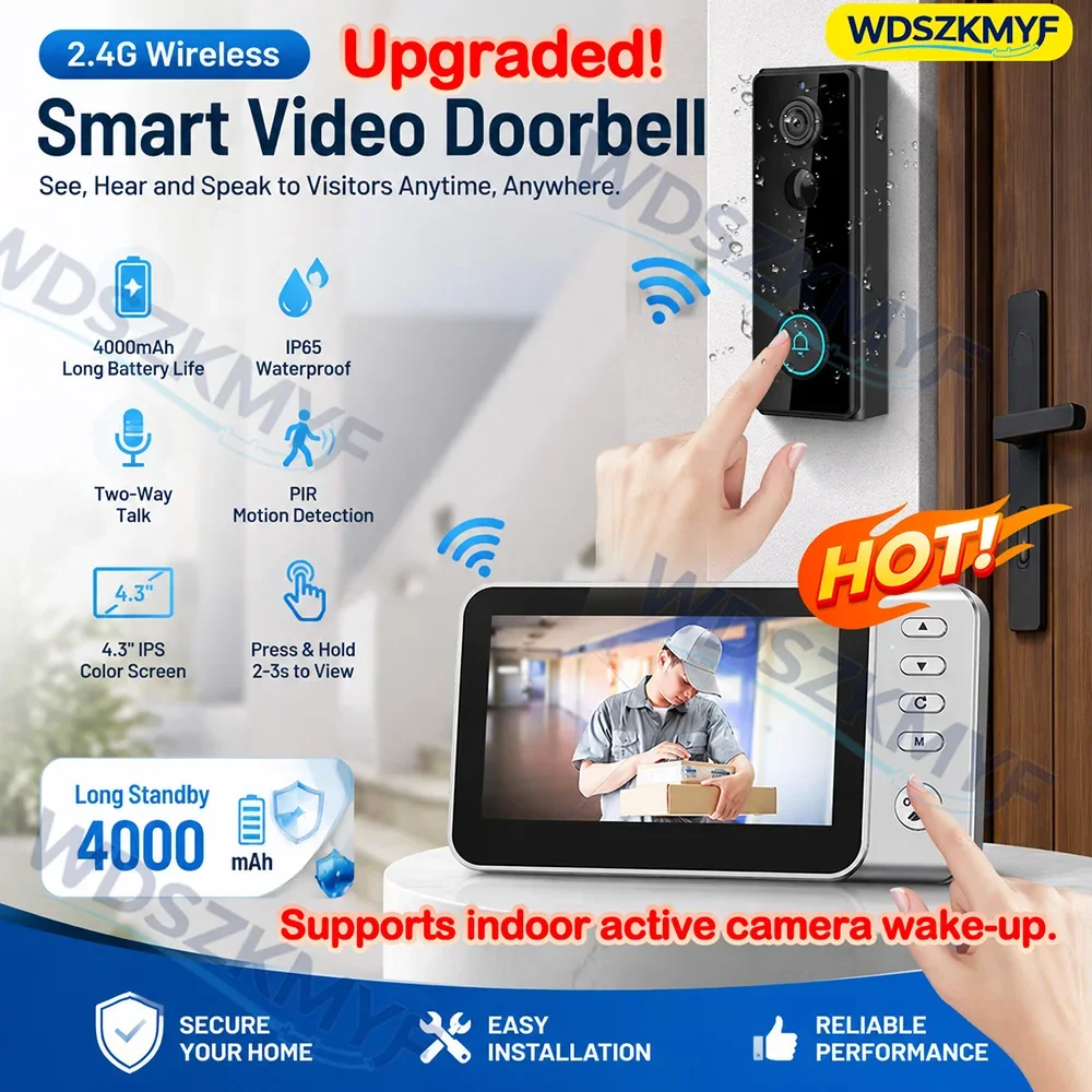 

Motion Detectio Wireless Doorbell Camera 4.3in IPS Screen Waterproof Intercom Doorbell Night Vision Smart Home Security Video