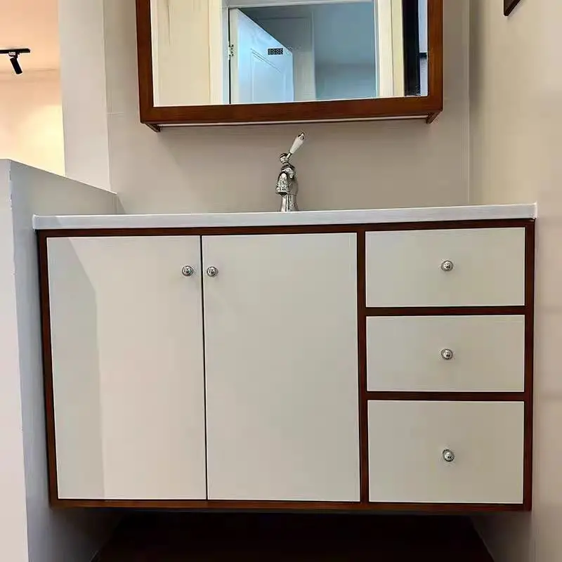 New and vintage cream double color matching multi-layer solid wood bathroom cabinet ceramic all-in-one bathroom combination