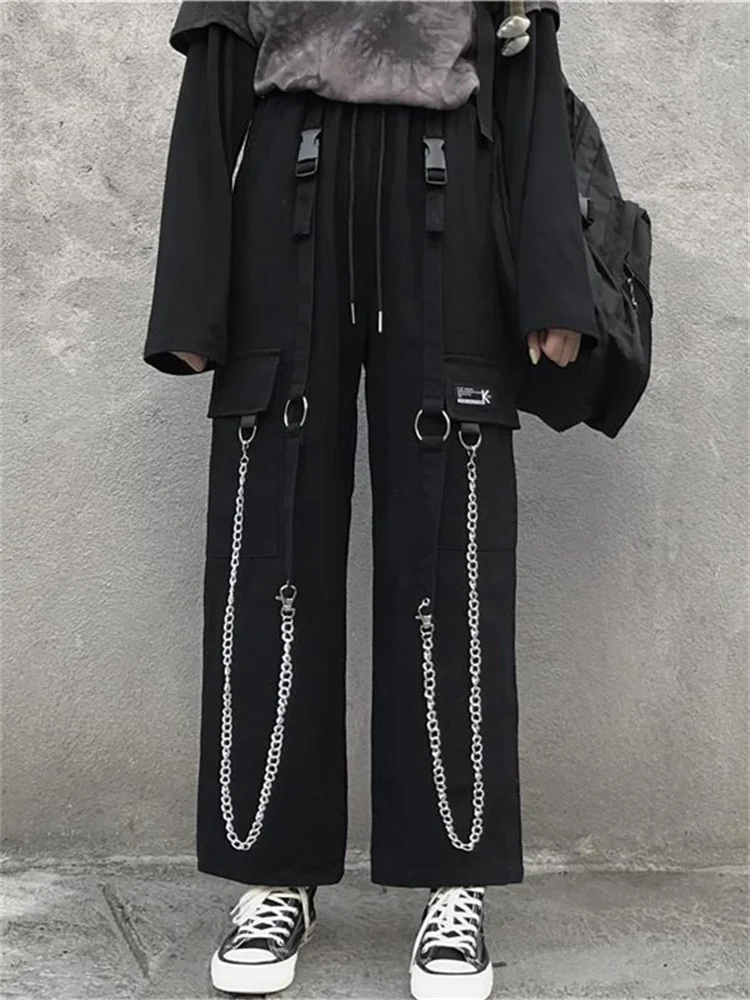 

QWEEK Gothic Harajuku Cargo Pants Women Punk Chain Wide Leg Trousers Female Korean Style Oversized Streetwear Techwear Emo