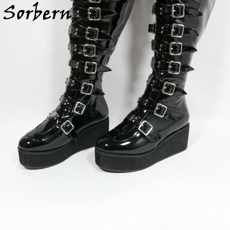 Sorbern Unisex Style Mid Thigh High Boots Multi Buckle Straps Flatform Wedges Round Toe Long Boot Rear Zipper Custom Wide Calf