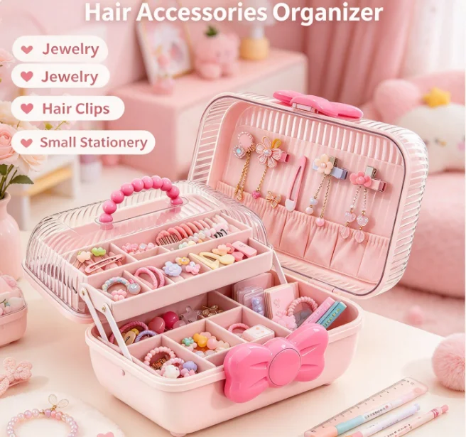 HTMCK Cute Bowknot Multi-layer Hairpin Storage Box Girls Jewellery Box Children's Hair Accessories Storage Box Toy Storage Box