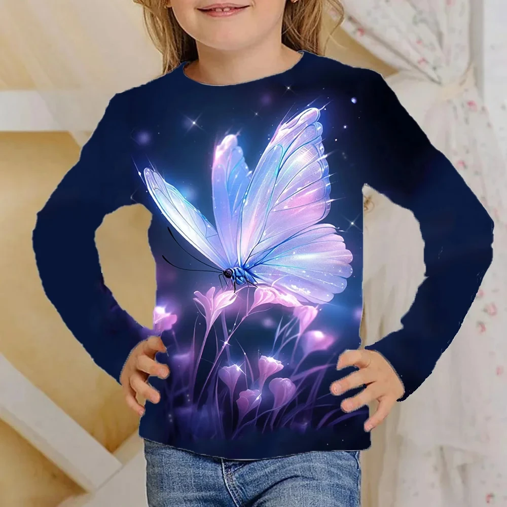 Autumn Children's Clothing Butterfly Pattern Clothes for Kids Fashion Child T Shirt Long Sleeve Tee Tops Costumes for Girls 2024