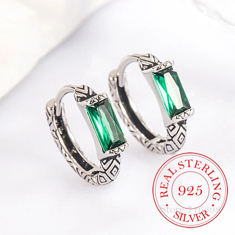 925 Sterling Silver Vintage Textured greenstone Hoop Earrings for Women Wedding Party Jewelry Gift Pendientes Mujer Moda