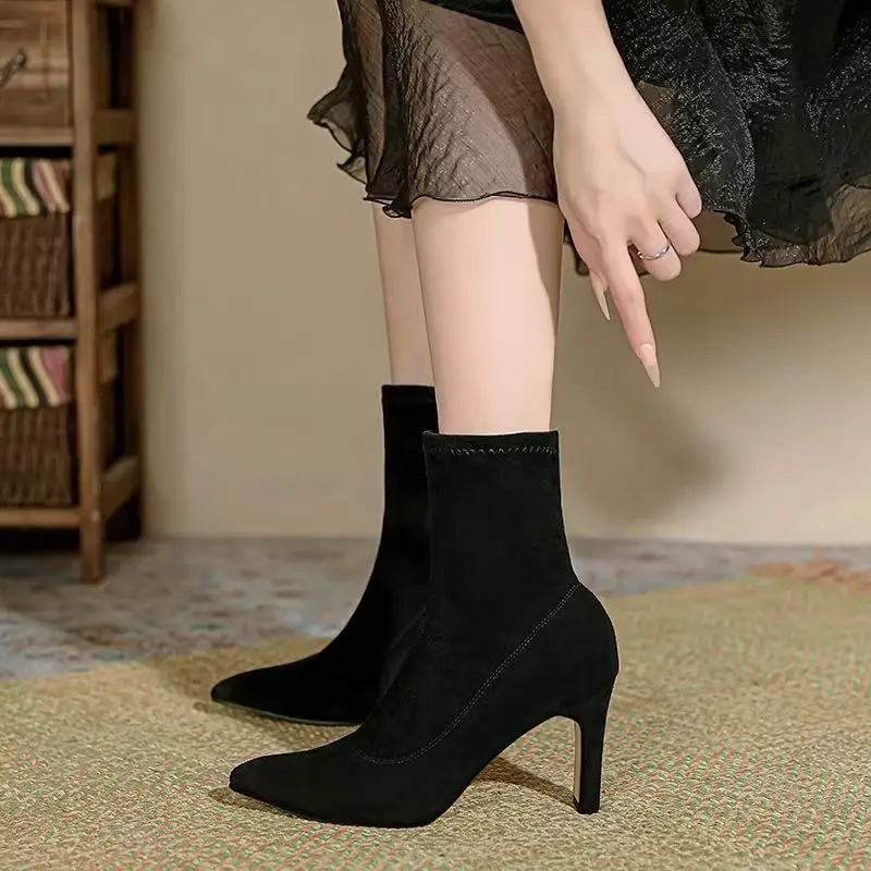 Fall 2025 Women's Over-Knee Long Boots Pointed Toe High Heel Faux Fur Surface Thick Heel Elastic Korean Style Winter Boots