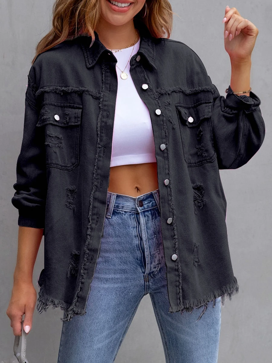 Women s Ripped Distressed Denim Jacket Long Sleeve Button Down Boyfriend Jean Coat Trucker Jacket