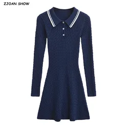 2024 Preppy Style POLO Collar Lapel Full Sleeve Knitted Twist Sweater Dress Women Skinny Slim Fit Low Waist A-lined Short Robe