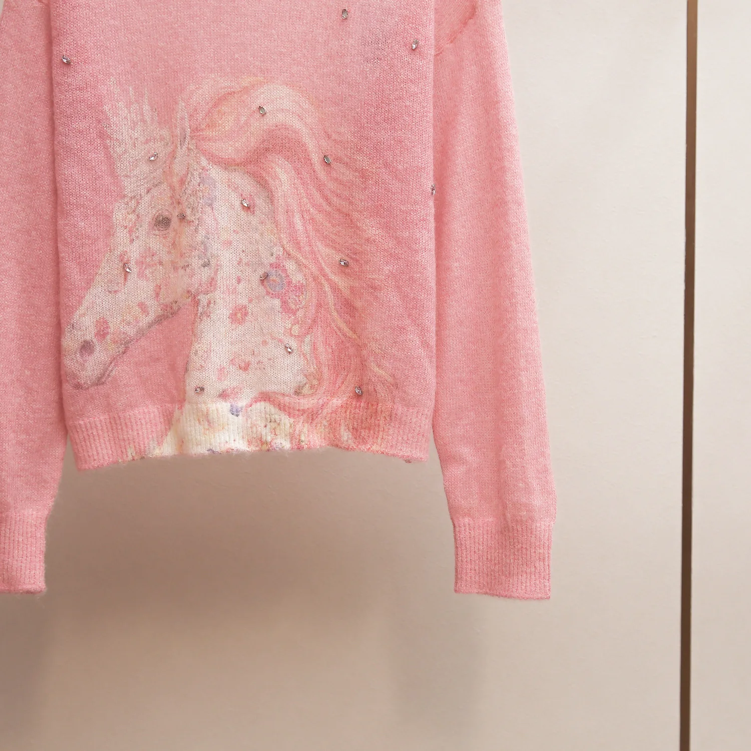 MaSande Premium Women's Pink round Ne Diamond Embedded  Print Knitted Sweater Spring New Sle Comfortable Soft Polyester