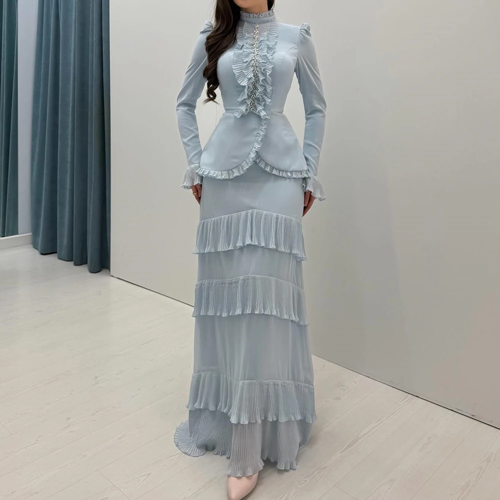 

A-line Women's Evening Dresses Floor-length High-neck Full Sleeve Prom Gown Fashion Crystal Ruched Simple Draped Customized Gown