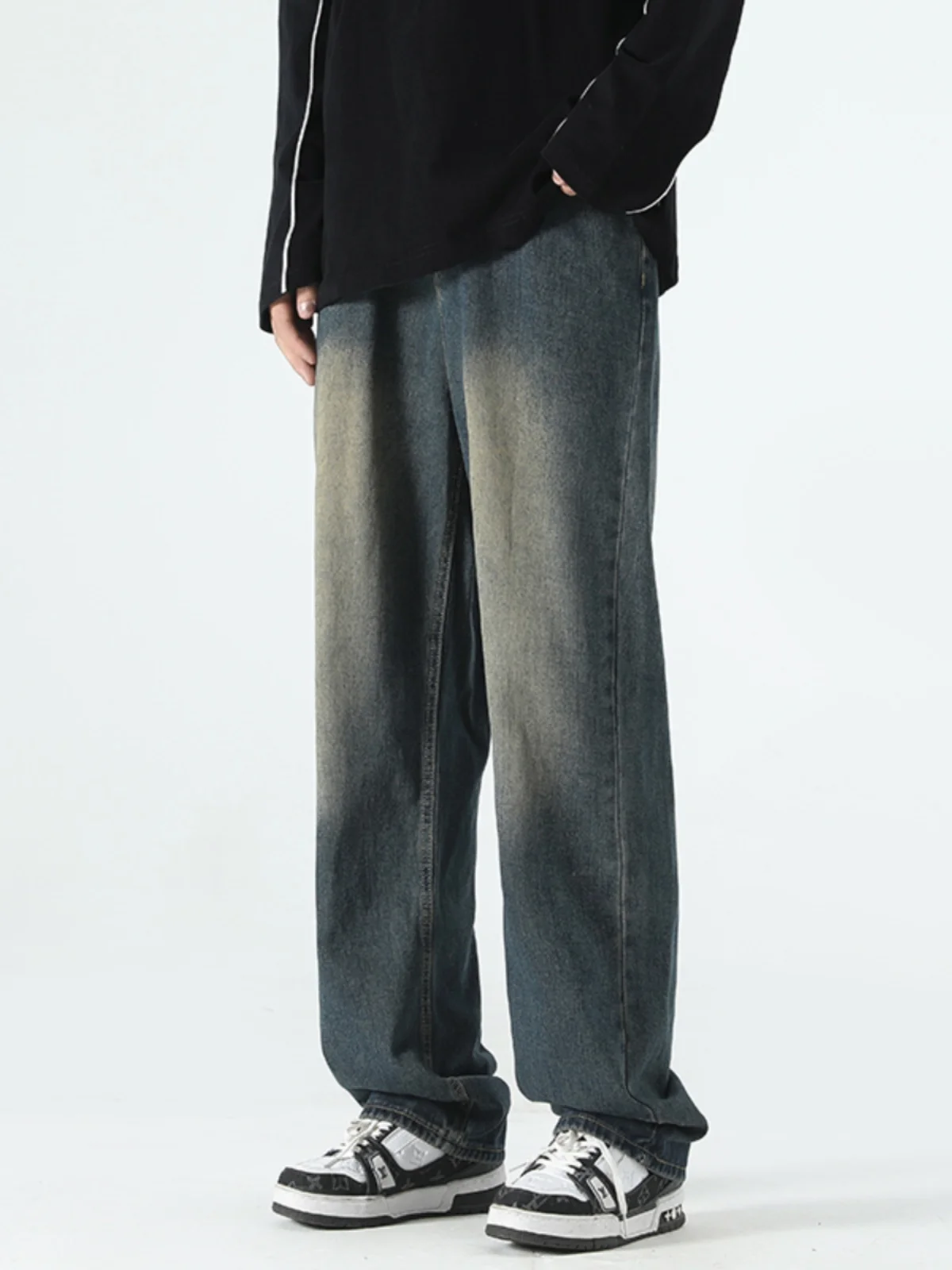 

Retro Waed Straight Leg Loose Men's Jeans Casual High Street Wide Leg American Sle Long Pants for Teen Boys