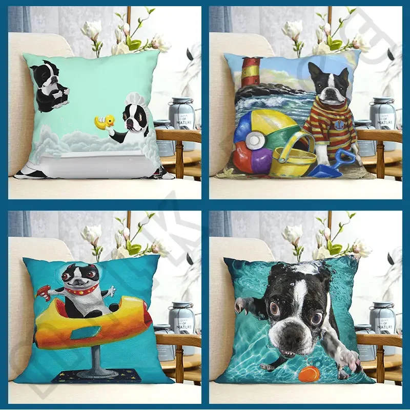 Cute Boston Terrier Dog Sofa Cushion Covers Cafe Terrace At Starry Night Pillow Case Square Pillowcase Home Bedroom Decoration