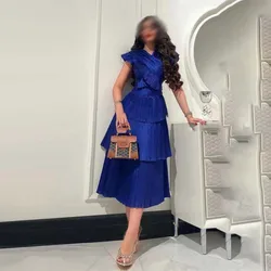 Blue Tiered Evening Dress Saudi Arabia V Neck Tea Length Short Prom Party Gowns Vestido de Festa Women 2023