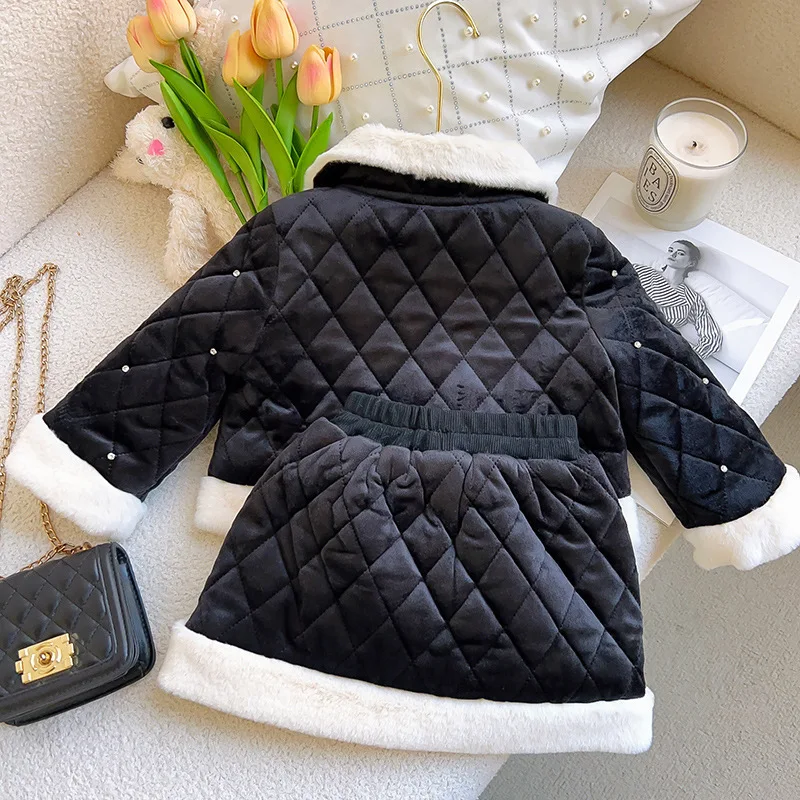 

New Children's Clothing Girls' Set Winter New Plush Collar Cotton Jacket+Short Skirt Two-Piece Set