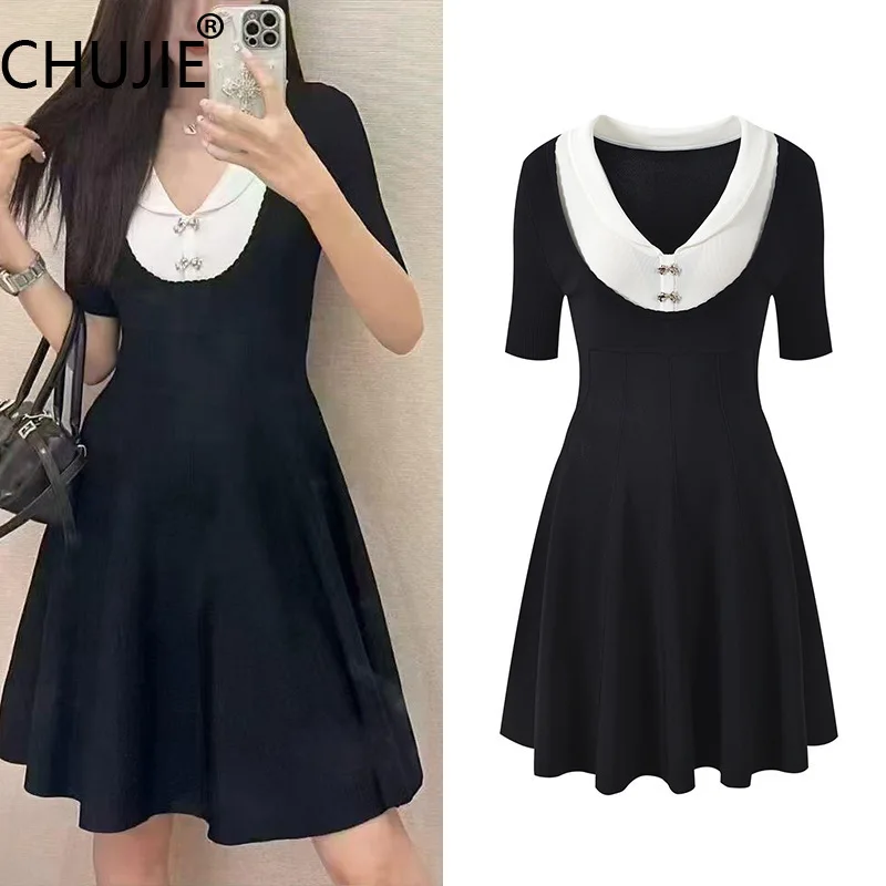 

CHUJIE Doll Collar Contrast Trim Dress A-Line Commuter Office Dress Slim Fit Summer SS25 with Pockets