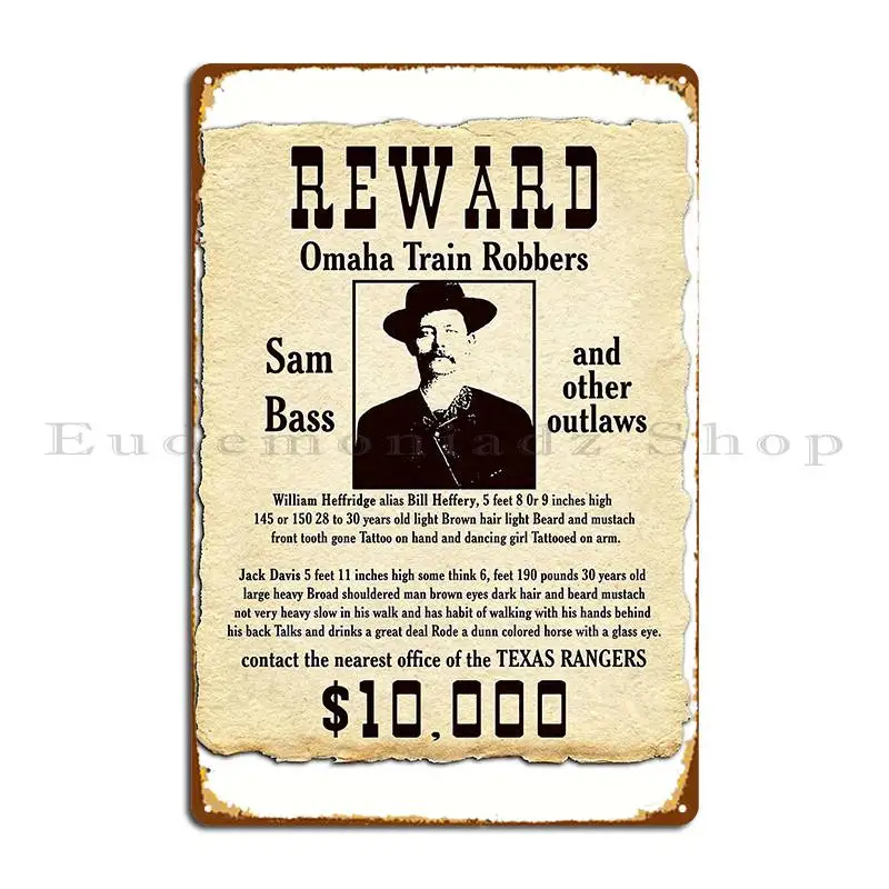 Sam Bass Gang Wanted Poster Metal Sign Garage Wall Cave Printed Club Personalized Tin Sign Poster