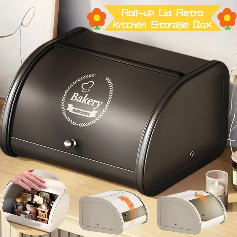 

Large Bread Box Storage Kitchen Counter Organizer Roll Top Breadbox Kitchen Countertop Stainless Steel for Cookies & Baked Goods