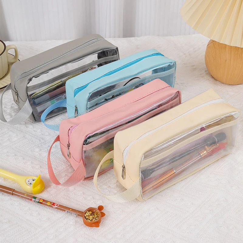 Simple Large Capacity Waterproof Pen Bag Handheld Pencil Case Student Stationery Fashion Transparent Storage Bag School Supplies