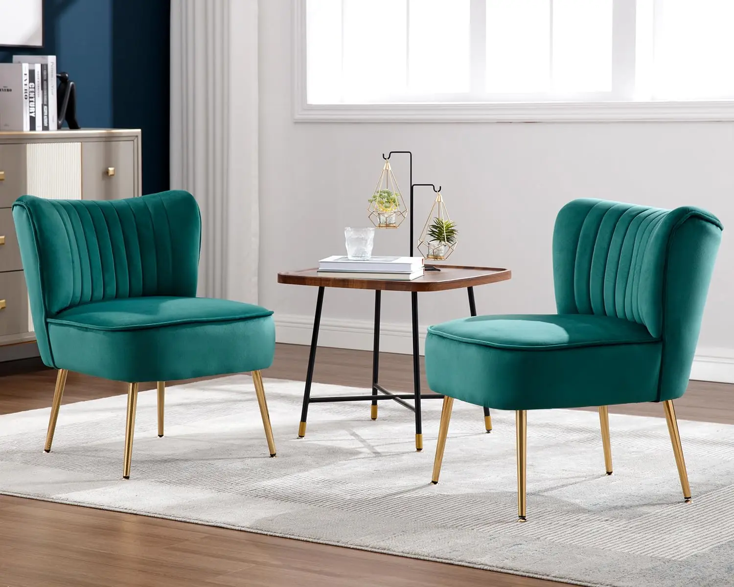 Velvet Accent Chair Set of 2, Upholstered Wingback Side Chair with Golden Legs for Bedroom Living Room, Mid Century Armless Sing