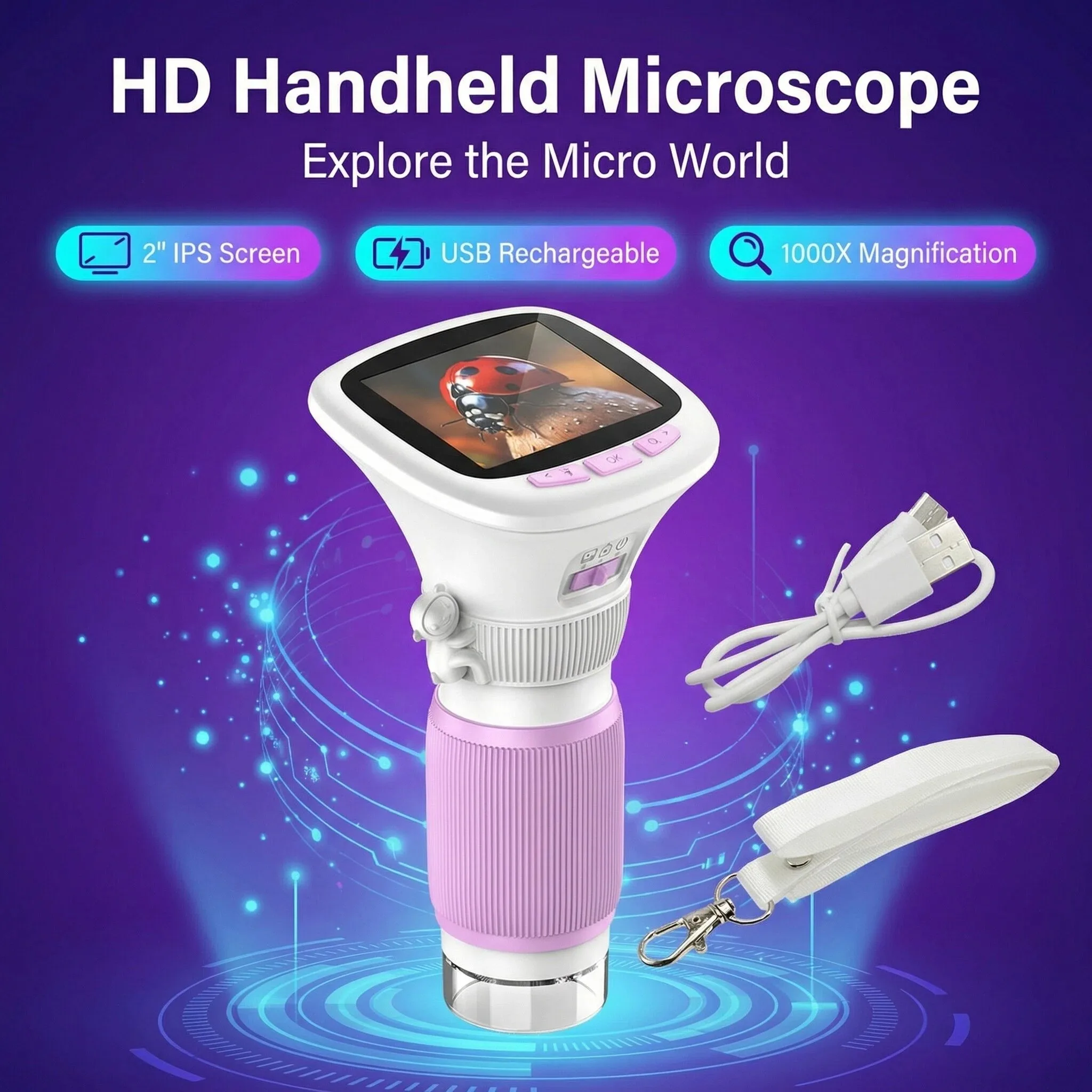 

Детский портативный микроскоп с IPS HD-экраном 2,4 дюйма, увеличением 200X/1000X, с функцией фото- и видеозаписи для детей