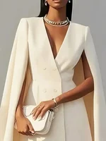 Women Fashion Commuter Solid Blazers Dress Office Double Breasted Waist Party Dress Elegant V-neck Shawl Cape Sleeve Midi Dress - Image 3