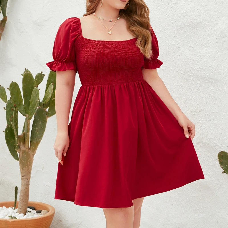 

Plus Size Women's Summer Mini Dress Large Sizes Sexy Square Collar Beach Sundress Casual Holiday Puff Short Sleeve Dresses