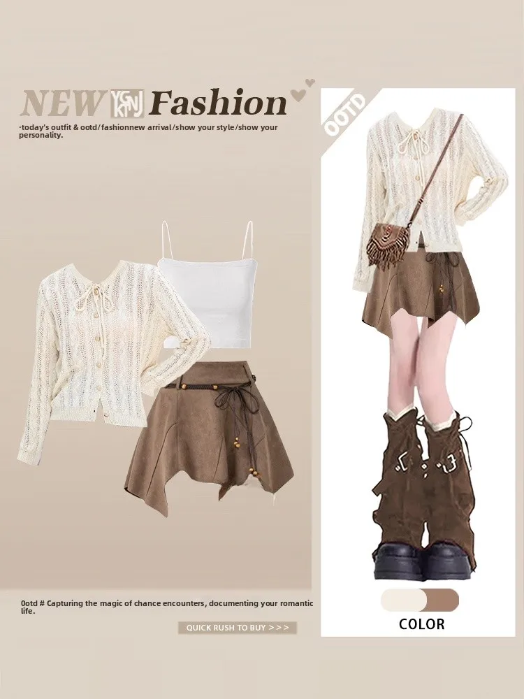 

Korean Design Long Sve Knitted Sweater Strap Vest Vintage Irregular Skirt Set Hollow out Faion Women's Autumn Wear