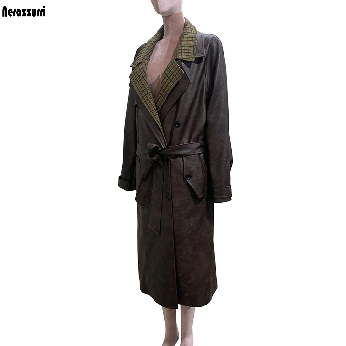 Nerazzurri Autumn Winter Long Reversible Plaid Patchwork Pu Leather Coat for Women Luxury Designer Streetwear Fashion Clothes