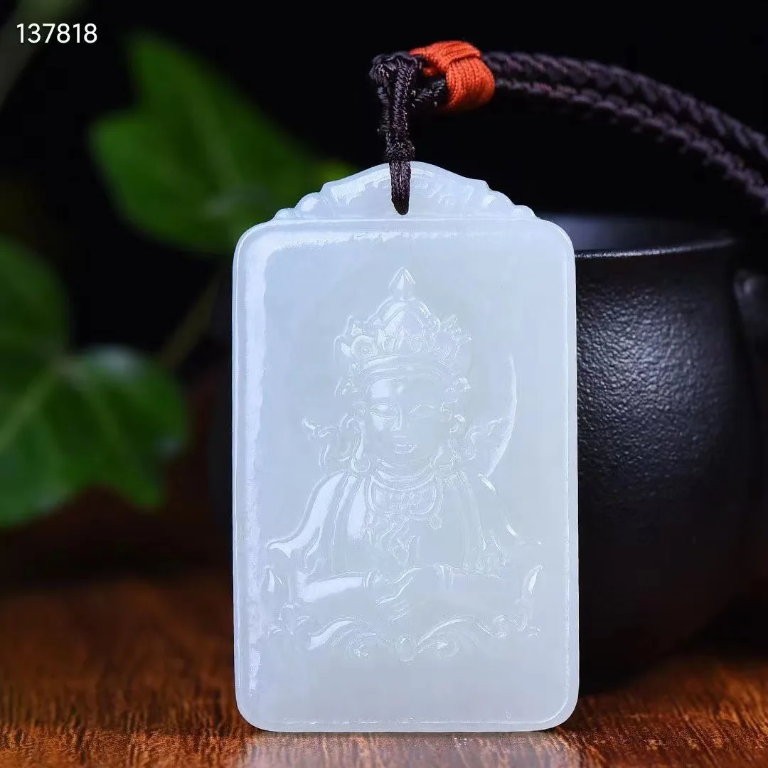 Natural 100%real white hetian jade carve auspicious guanyin pendant Bless peace necklace jewellery for men women gifts luck jade