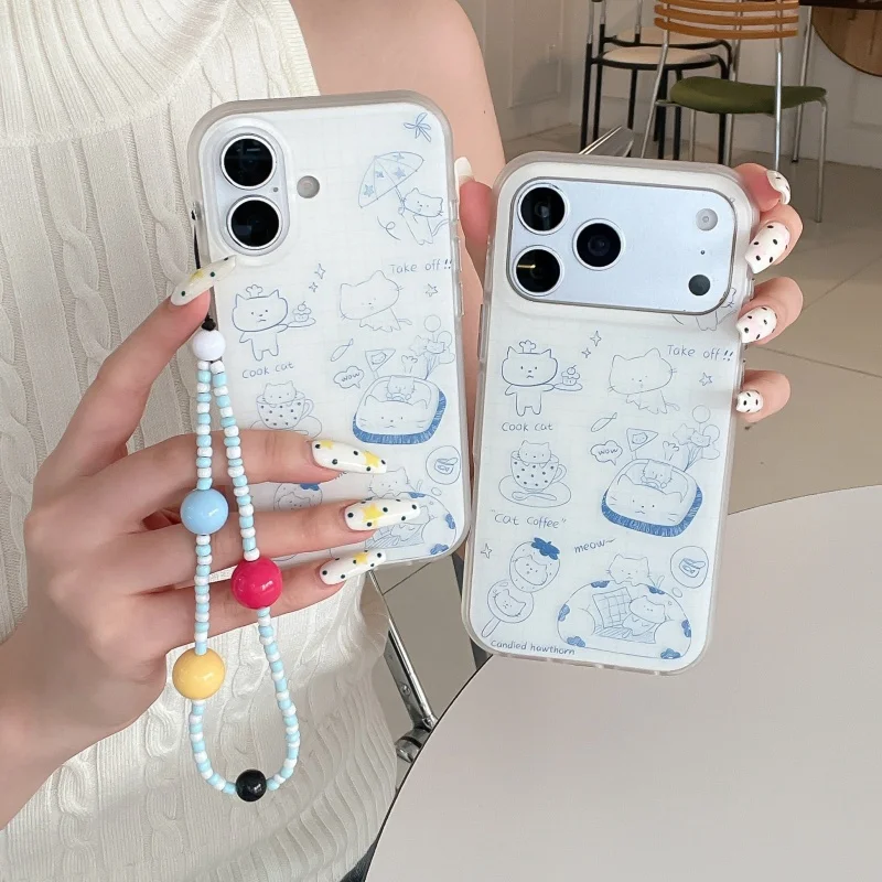 

Lovely Line Cat Phone Case For iPhone 17 Pro 16 15 Pro Max Protective Cover with Chain Fashion Cartoon Cute Cases For iPhone 16