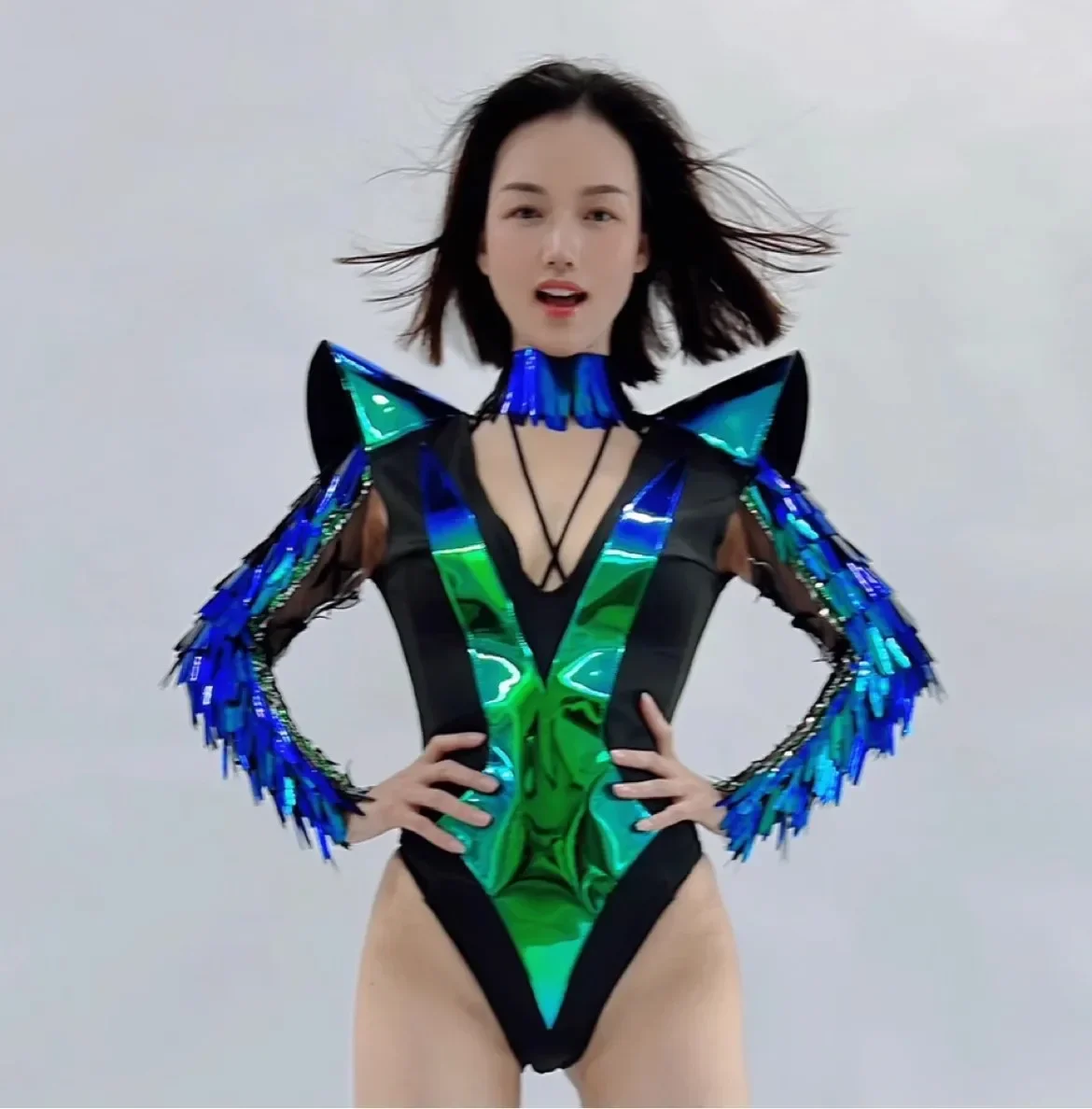 Fantasy Blue Green Laser Mirror Sequin Women's Shrugged High Fork Bodysuit Sexy Nightclub Bar Singer Stage Dance Walk Show Wear