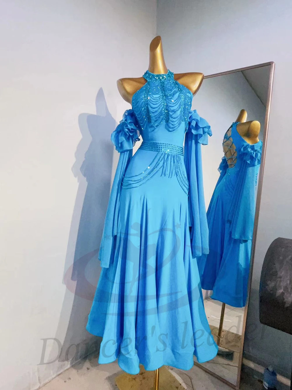 Dança latina adulto crianças vestido ab pedra high-end personalizado azul vestido moderno cha cha tango roupas femininas