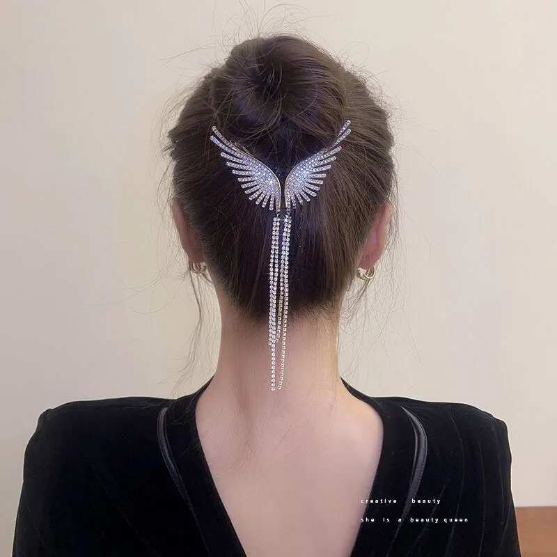 Korean Style Beautiful Wings Hairpins for Women Long Tassel Rhinestones Crystal Hair Accessories Weddings Jewelry