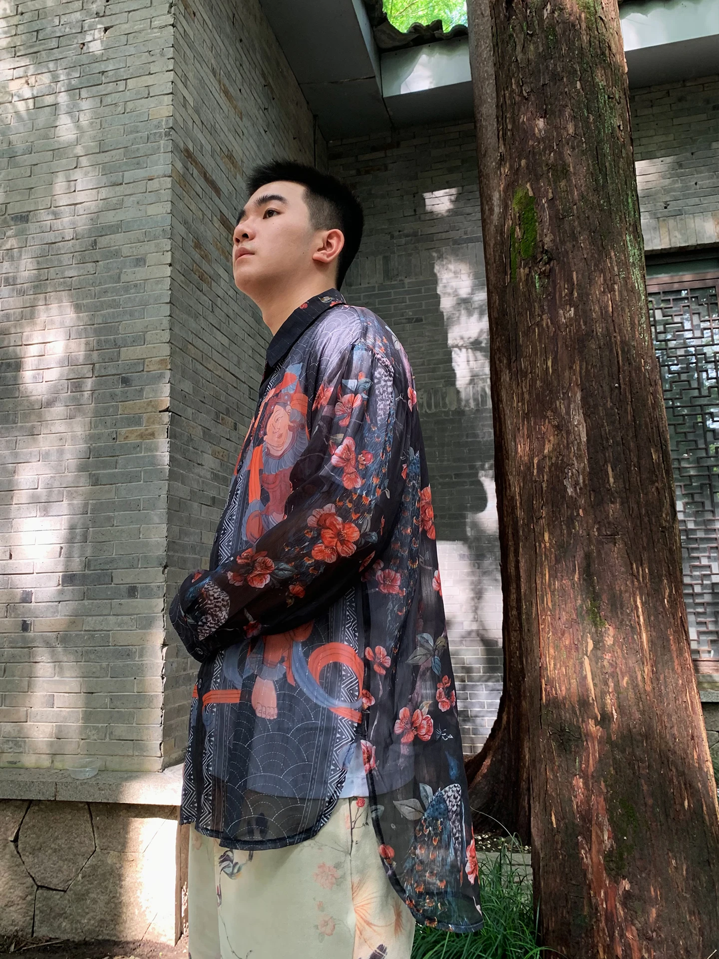 Men's 2025 Summer Original New Chinese Shirts Printed Transparent Thin Mesh Gauze Shirt Male Personalized Long Sleeve Chic Tops