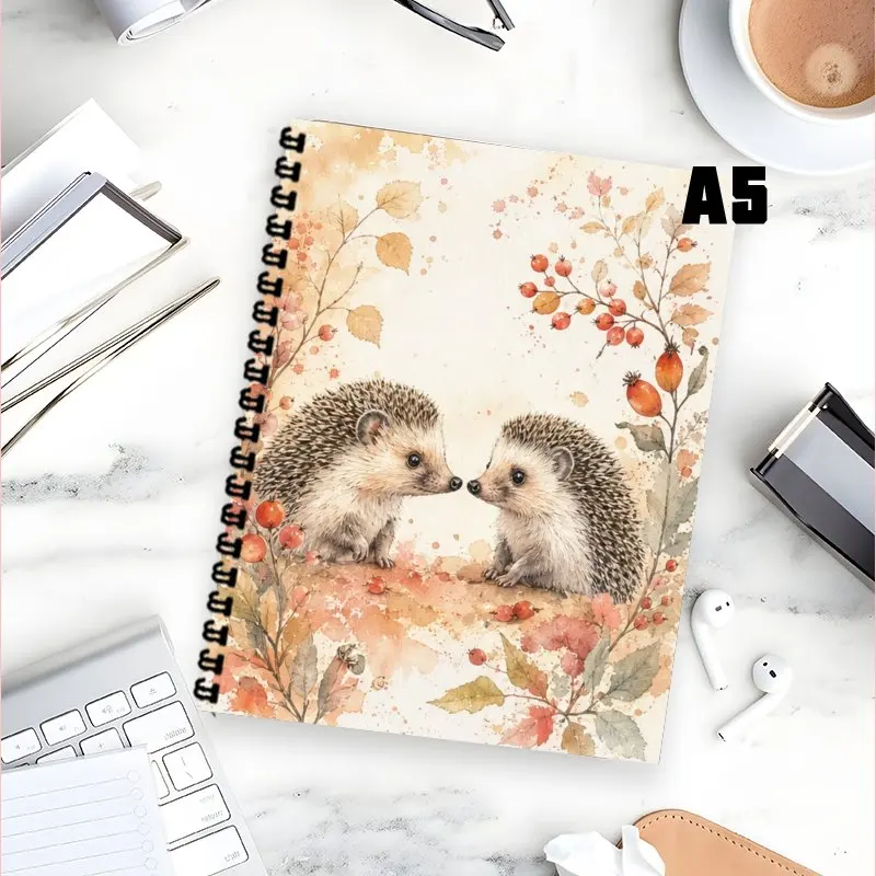 A5 Spiral Notebook,Watercolor Cute Hedgehog Autumn Botanical Pattern Cover Journaling for Work, Meeting Notes & To Do List